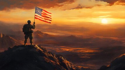 Soldier and USA flag on sunrise background. AI generative.