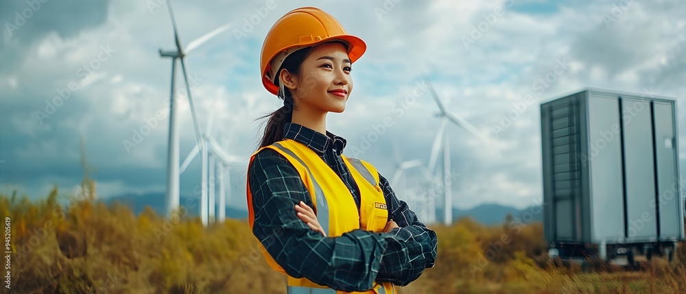 Poster renewable energy wind turbine engineers working on documentary photography with copy space for text 