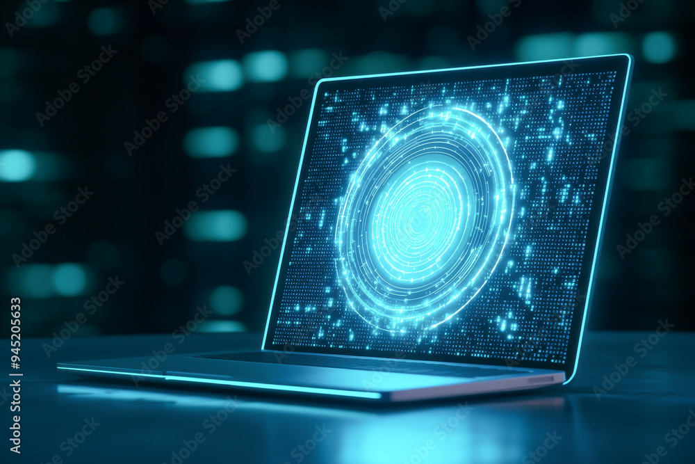 Poster a futuristic laptop displaying a vibrant digital interface with glowing data patterns, ideal for tec