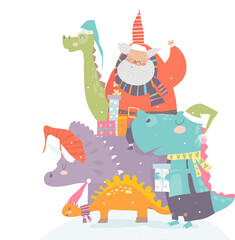 Cartoon Santa Claus with gifts sitting on dinosaur