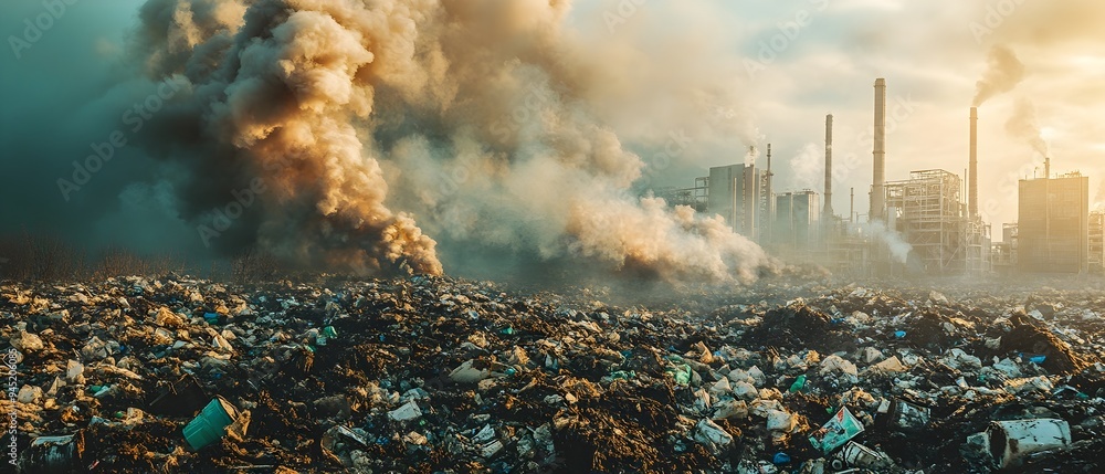 Poster minimizing waste and emissions in refining and processes a photography concept visualizing the manag