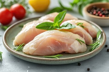 Raw chicken breasts on a plate. This image can be used for advertisements or recipes involving chicken breasts.