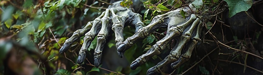 Fototapeta premium A pair of eerie, skeletal hands emerging from lush greenery, creating a spooky atmosphere.