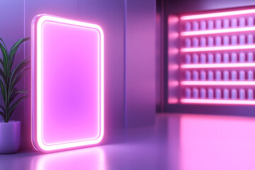 A modern neon-lit space featuring a glowing sign and vibrant colors, perfect for advertising or artistic displays.