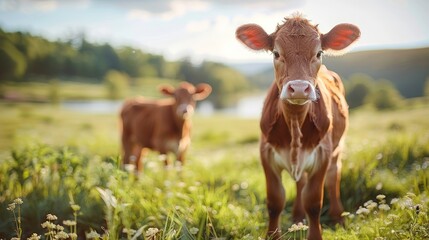 A young brown calf stands in a green meadow, looking at the camera with innocent eyes.