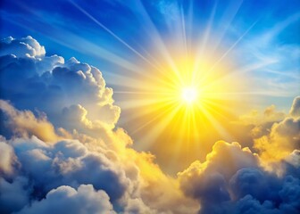 Fototapeta premium A brilliant yellow sun bursts through cottony white clouds, casting a warm glow over the pale blue sky.