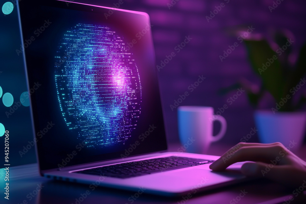 Poster a person interacts with a laptop displaying a glowing digital globe, symbolizing technology and inno