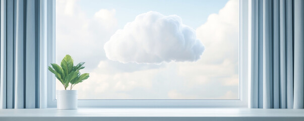 A serene view from a window showcasing a cloud and a potted plant, perfect for relaxation and tranquility.