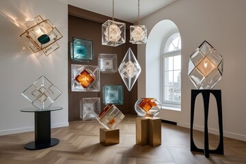 Surreal 3D Geometric Art Featuring Diffused Glass Sculptures and Illuminated Design
