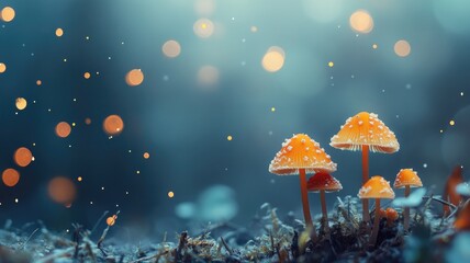 Tiny fungi growing on a damp surface, glowing softly in a moody, mystical environment, surrounded by ethereal bokeh lights.