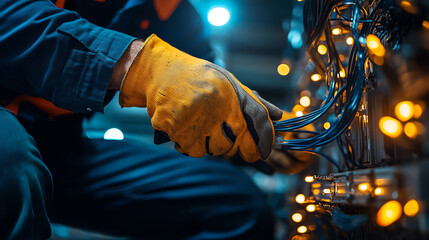 A technician wearing gloves connects wires in a control panel, highlighting precision and skill in technology maintenance.