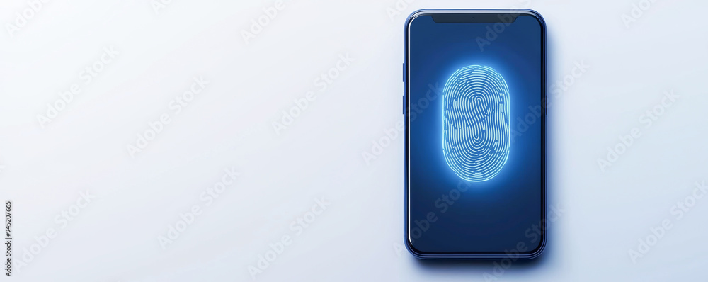 Poster a smartphone displaying a blue fingerprint sensor design, symbolizing security and technology in mod