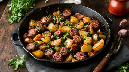 A skillet filled with saut?ed sausage and potatoes, garnished with herbs.