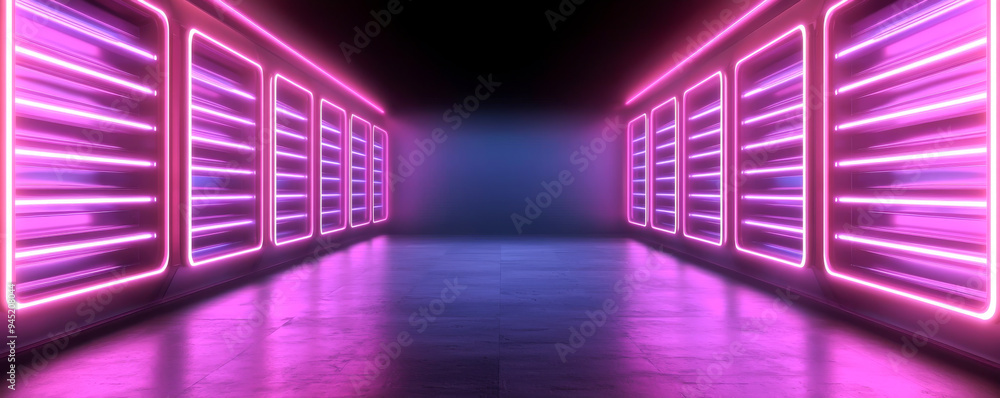 Poster a vibrant corridor illuminated by neon lights, creating a futuristic and dynamic atmosphere for crea