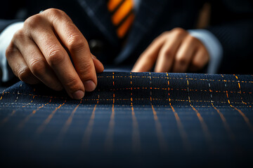 Close-up of a tailor's hand expertly working with fabric, showcasing precision and craftsmanship in suit making.