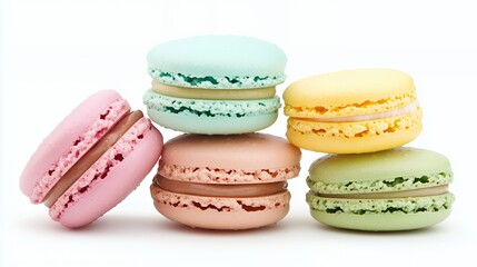 A colorful assortment of macarons stacked together, showcasing their delicate textures.