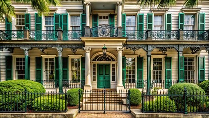 1. Historic antebellum mansion exterior with ornate ironwork, columns, and shutters featuring Charleston Green shutters and doors, a realistic photo image.