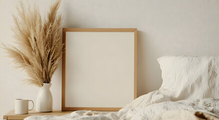 3D Rendering of a White Wooden Picture Frame Mockup on a Minimalistic Gray Background, Perfect for Showcasing Artwork, Photographs, or Design Concepts in a Clean and Modern Setting, Ideal for Product 
