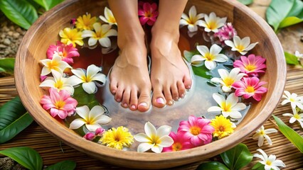 Photo image of a serene pedicure scene featuring a person's feet soaking in a basin filled with clear water, surrounded by blooming flowers.
