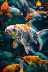 A vibrant underwater scene featuring colorful koi fish swimming gracefully.