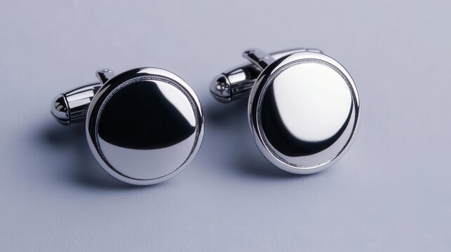 A chrome effect cufflink with a high-gloss finish and intricate detailing, chrome effect, cufflink, high-gloss