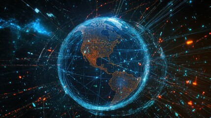 Obraz premium A digital globe with satellite orbits, illustrating global internet connectivity.