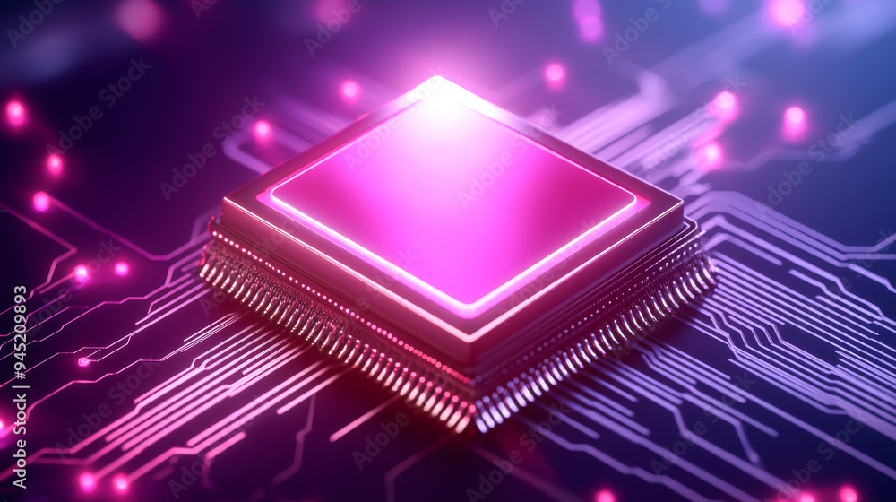 Poster futuristic microprocessor on a circuit board with vibrant neon lighting, symbolizing advanced techno