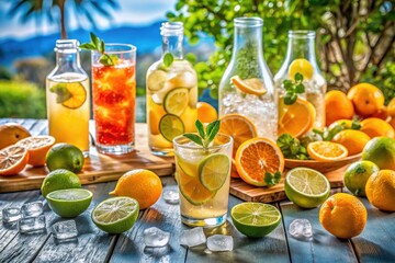 Fototapeta premium Colorful still life of sliced fresh fruits, including oranges, lemons, and limes, surrounded by ice-filled glasses and bottles of fizzy soda on a sunlit table.