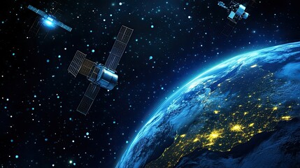 A digital globe with satellites in orbit, symbolizing worldwide satellite internet access.