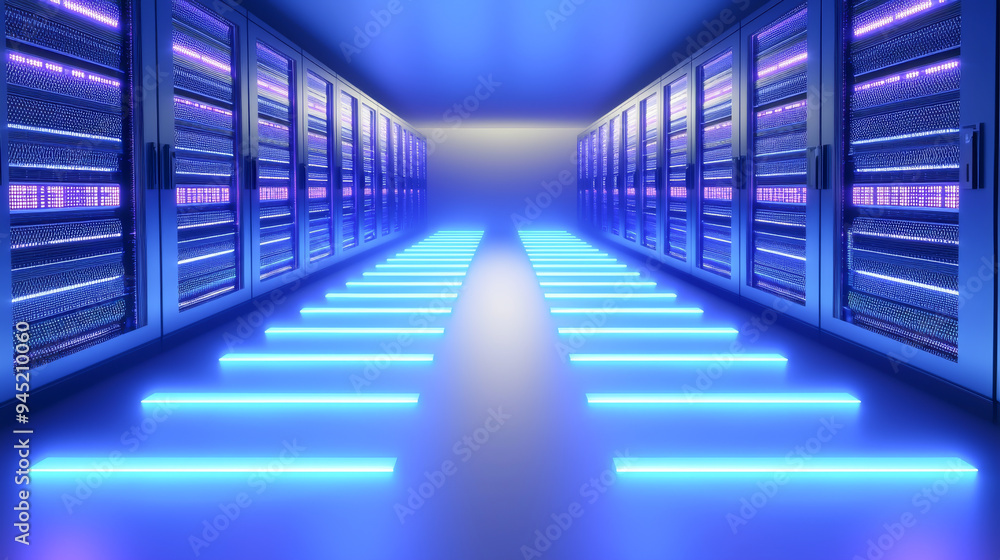 Poster futuristic server room illuminated with blue light, featuring rows of server racks in a sleek and mo