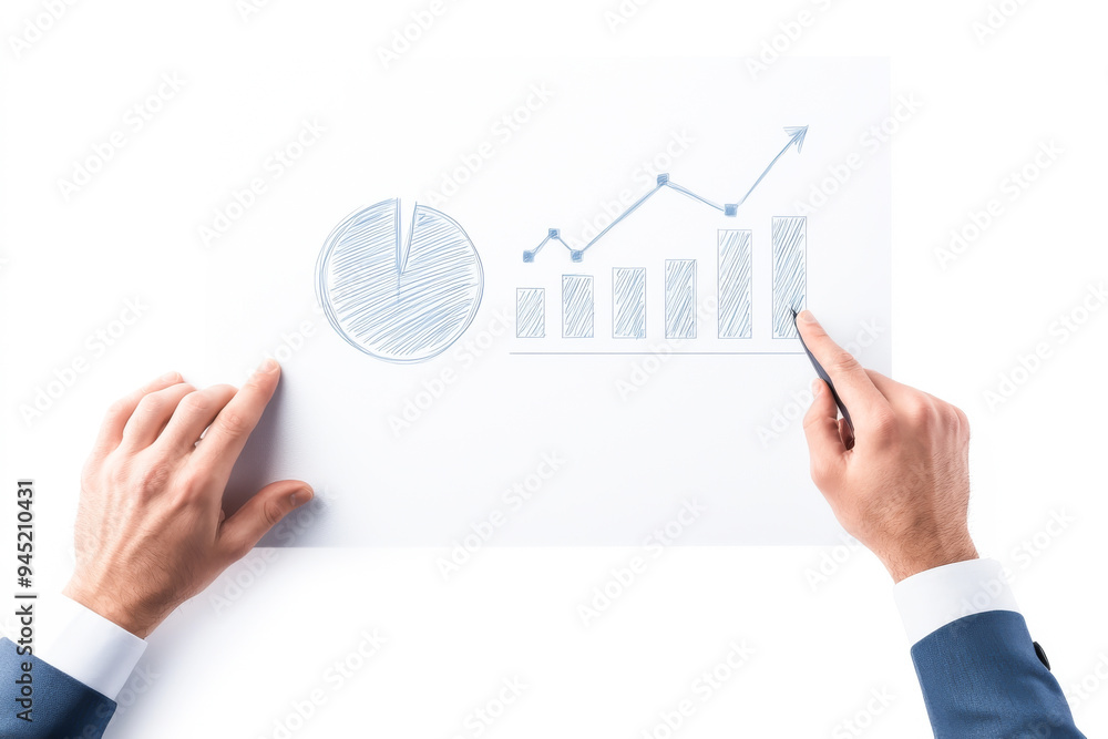 Poster hands presenting a financial report with charts and graphs illustrating growth and performance metri