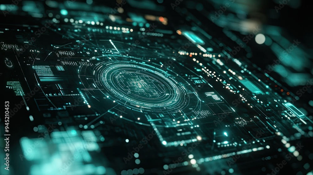 Poster a digital interface displaying a communication network, symbolizing advanced technology.