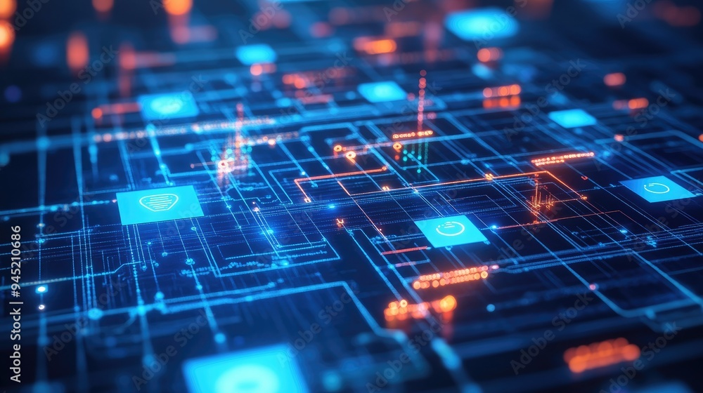 Poster a digital interface displaying network connections and data flow, symbolizing communication technolo
