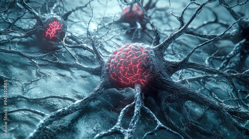 Poster microscopic view of a neuron with a glowing nucleus