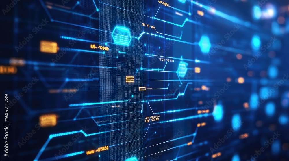 Poster a digital interface displaying network connections and data flow, symbolizing communication technolo