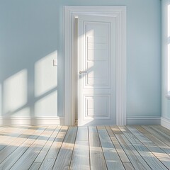 Fototapeta premium 07231022 03. Light wood flooring, white baseboards, pale blue walls, modern white door with horizontal panels, sunlight casting window shadow on wall, bright natural lighting, clean minimalist