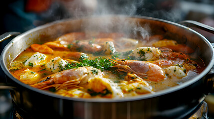 Close-Up Sizzle A close-up shot of Bouillabaisse simmering in a pot, with steam rising and the vibrant colors of the seafood and aromatic herbs