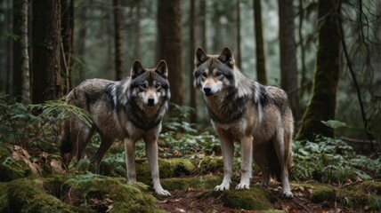 Group of wolves in forest setting