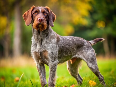 "A photo image of a wirehaired pointer breed crossing with a griffon Vend&eacute;en, featuring its distinctive wirehaired coat and pointing instinct."