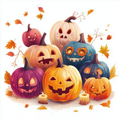 Happy Halloween with pumpkins on a white background.  Created by AI