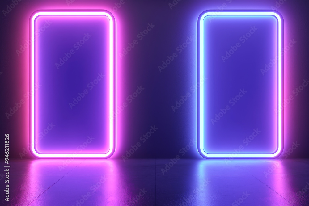 Poster vibrant neon light frames in pink and blue, creating a futuristic atmosphere with a glossy floor ref