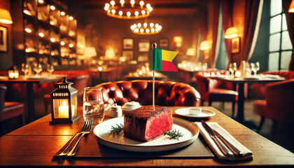 A perfectly cooked steak adorned with an Benin flag in an elegant, dimly lit restaurant, evoking a sense of patriotic fine dining