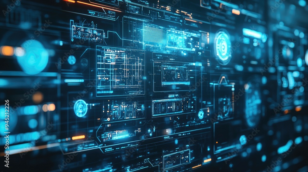 Poster a digital interface showing a communication network, highlighting advanced systems.