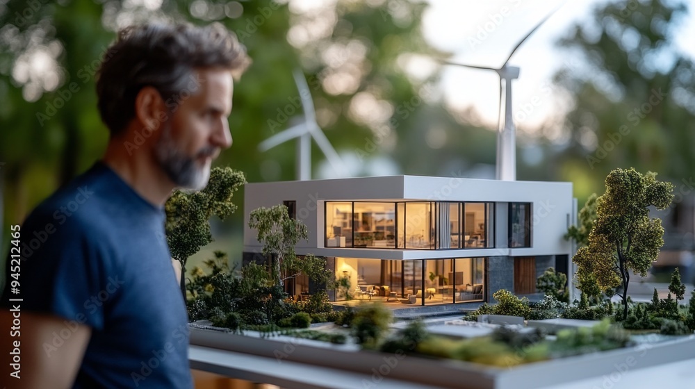 Poster a man stands in front of a model of a house with a wind turbine