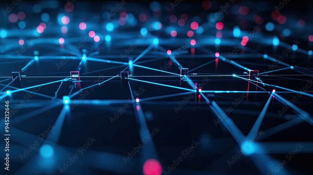 Poster a digital interface showing a network map, symbolizing advanced communication systems.