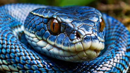 Close-Up of a Blue Snake with Scaled Skin and Golden Eyes