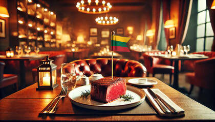A perfectly cooked steak adorned with an Lithuania flag in an elegant, dimly lit restaurant, evoking a sense of patriotic fine dining