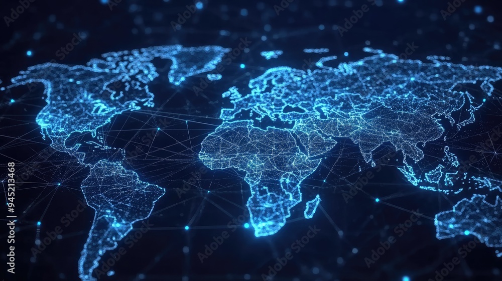 Poster a digital world map with interconnected lines, symbolizing global network communication.