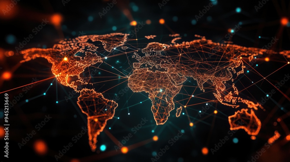 Aufkleber a digital world map with interconnected lines, symbolizing global network communication.