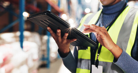 Black person, hands and tablet in warehouse for online, inventory check and stock management for...